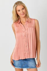 Collared Sleeveless Pleat Detail Blouse Berry