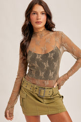 Mock Neck Lace Thumb Hole Sleeve Top Dusty Olive