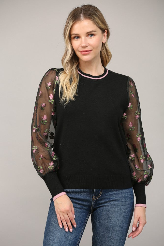 Contrast Sheer Jacquard Sleeve Crew Neck Sweater Black + Mauve