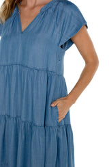Tiered Flutter Sleeve Tie Neck Dress Delwood