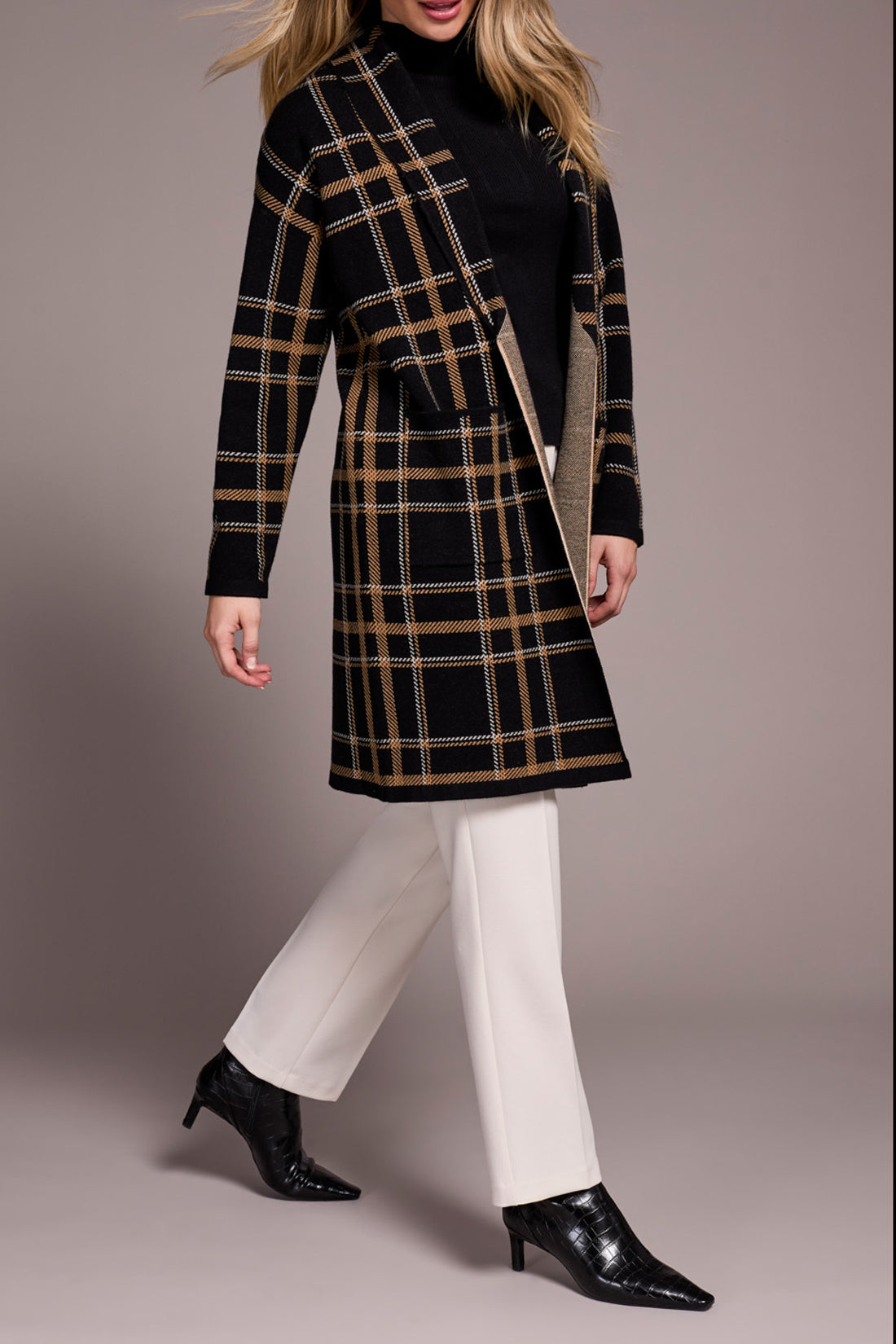 Pocket Front Coatigan Black Plaid