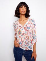 Printed Half Button Cotton Gauze Blouse Festive