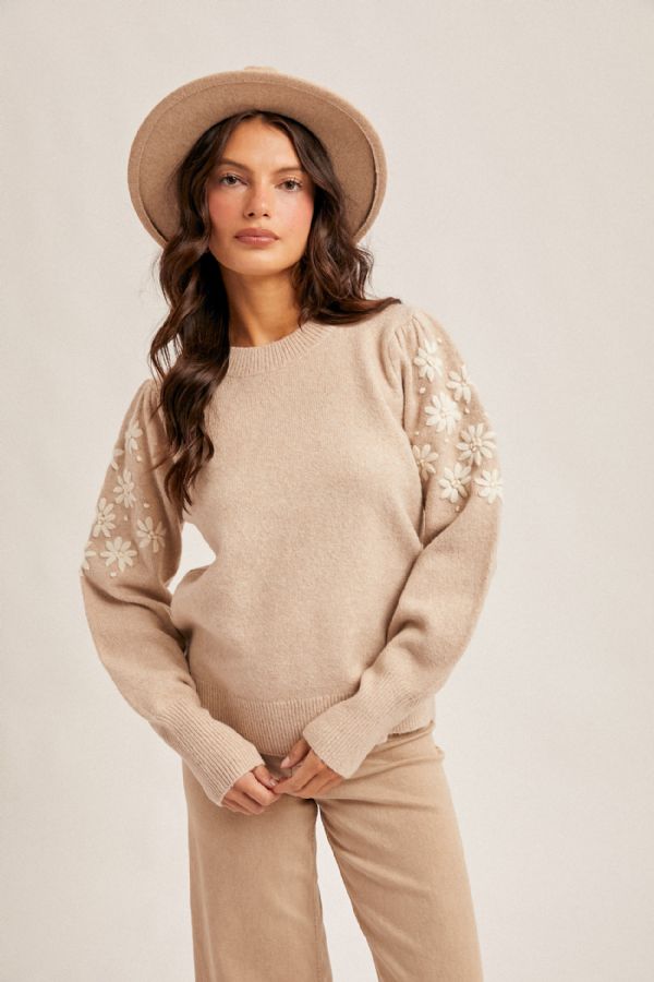 Floral Embroidery Bubble Sleeve Sweater Taupe