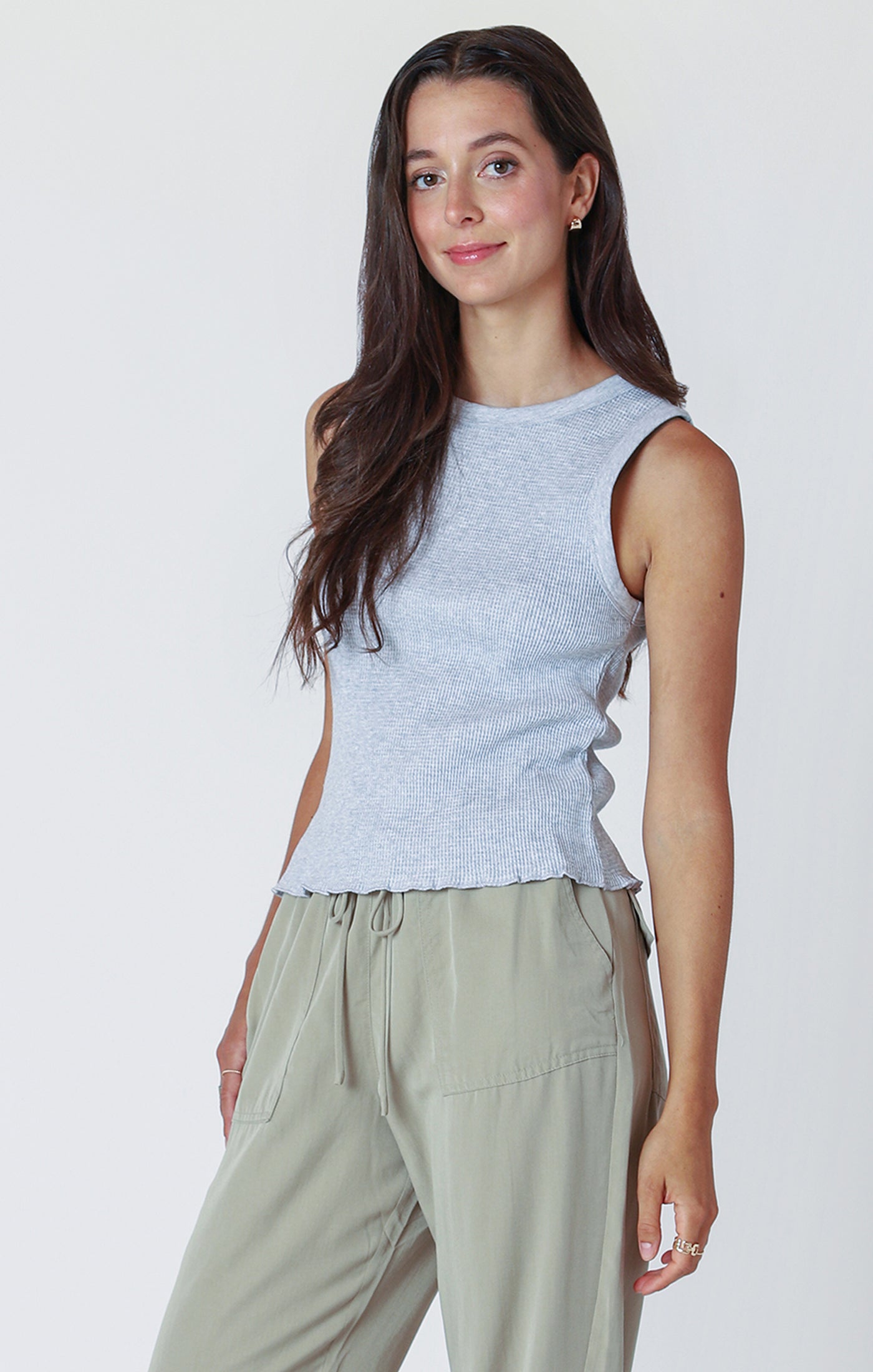 Waffle Knit Lettuce Hem Tank Light Heather Grey