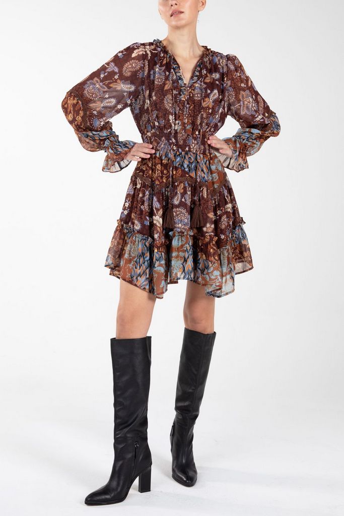 Paisley Print Chiffon Uneven Hem Mini Dress Multi Brown