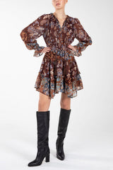 Paisley Print Chiffon Uneven Hem Mini Dress Multi Brown