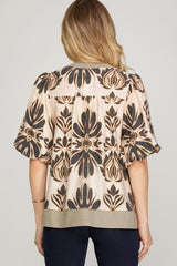Bubble Sleeve Printed Woven Top Charcoal