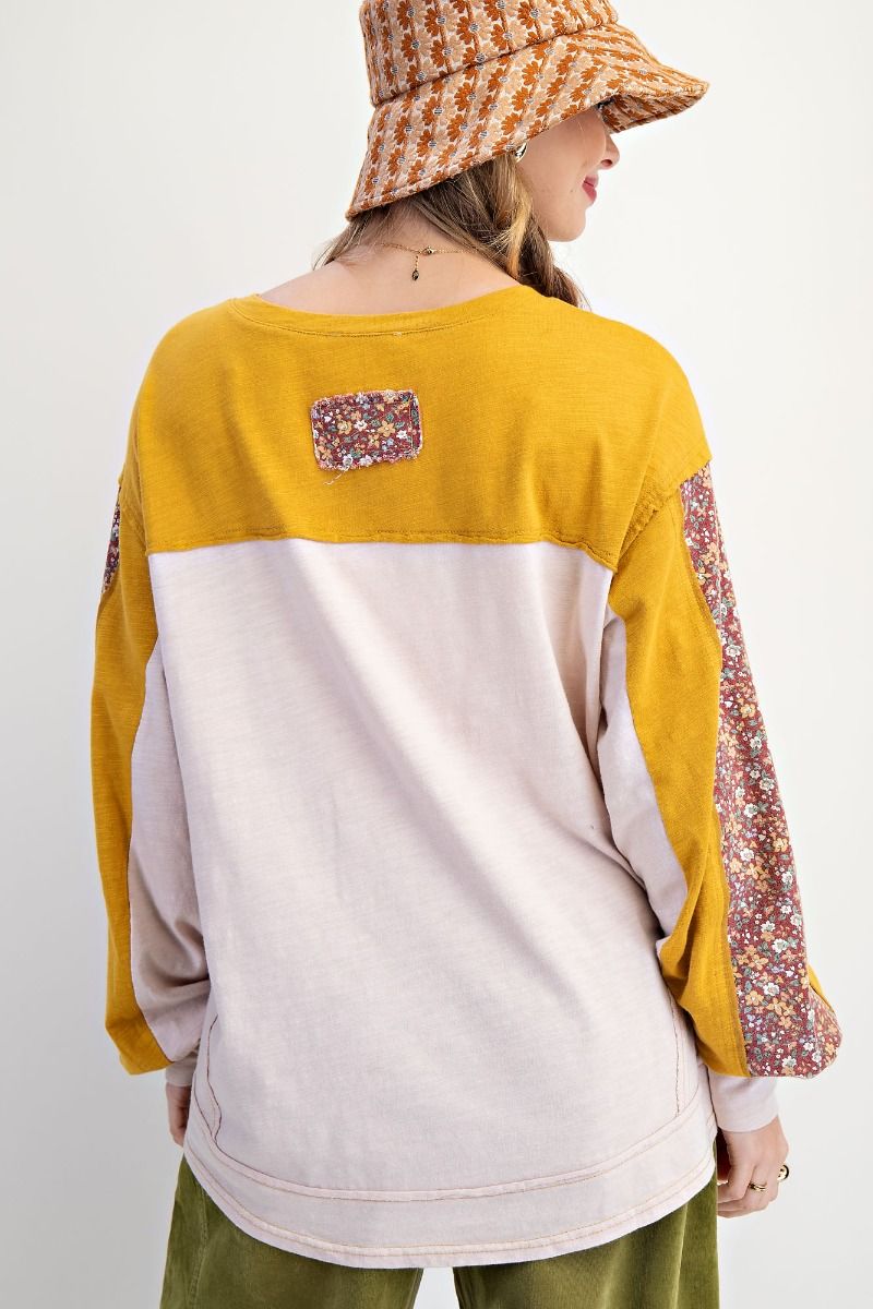 Color Block Button Front Washed Henley Top Mustard + Blush