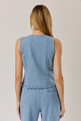 Asymmetric Hem Button Down Stripe Denim Vest Denim White Stripe