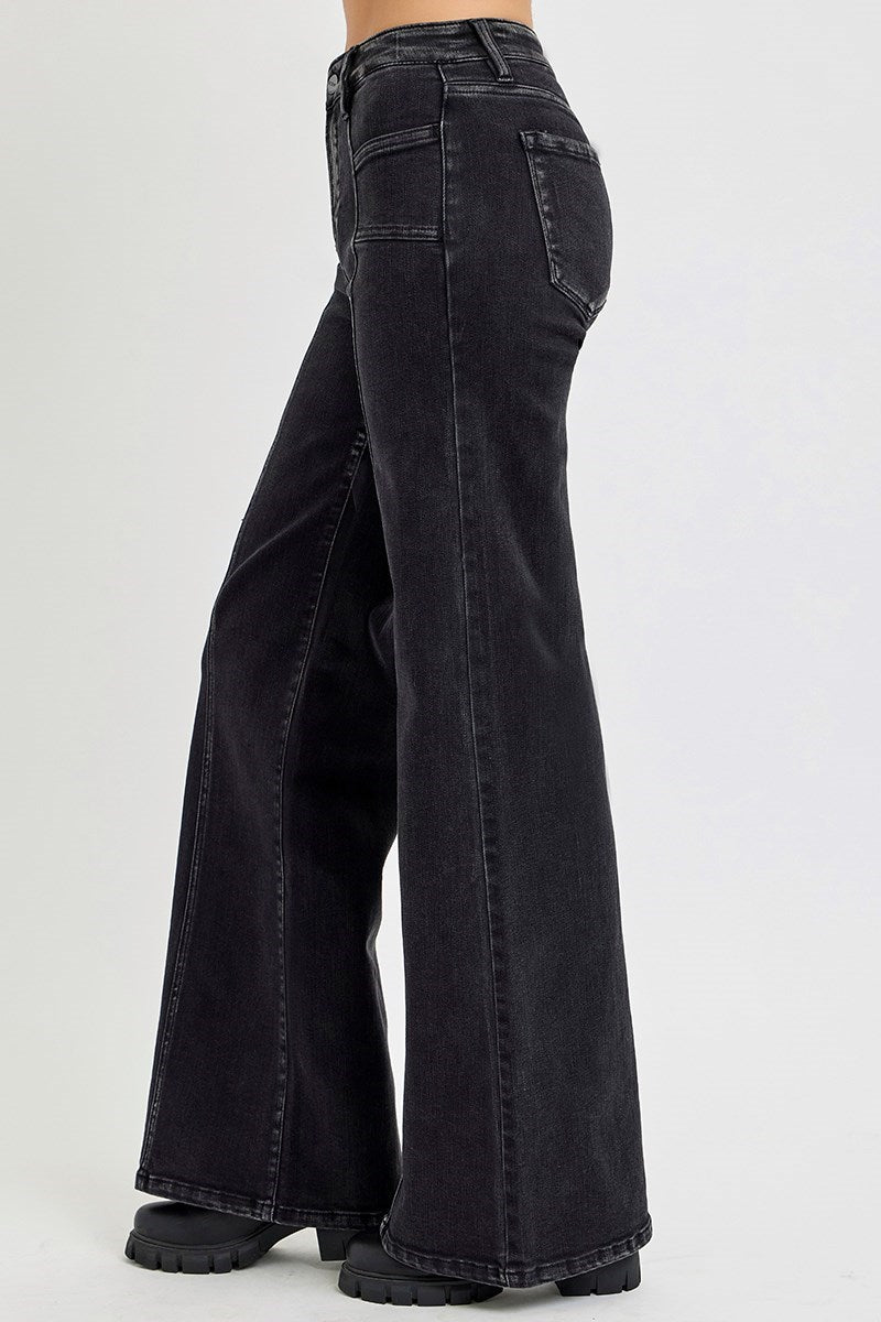 Mid Rise Front Patch Pocket Wide Jeans Black