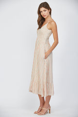 Stripe Smocked Bodice V Neck Dress Beige Multi