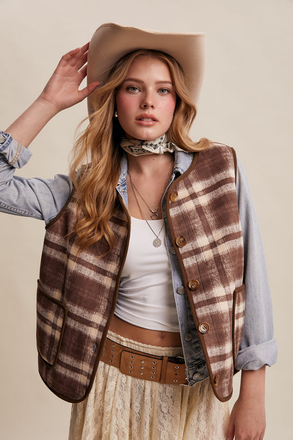 Reversible Plaid Sherpa Vest Mocha Beige