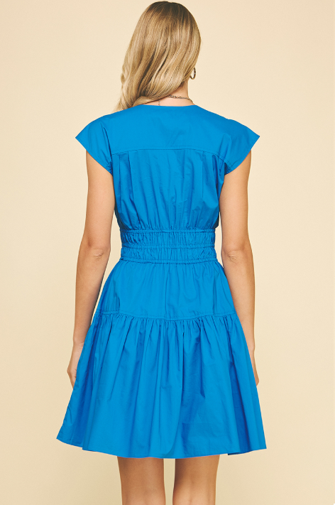 Triple Bow Detail Ruffle Bottom Cap Sleeve Mini Dress Blue