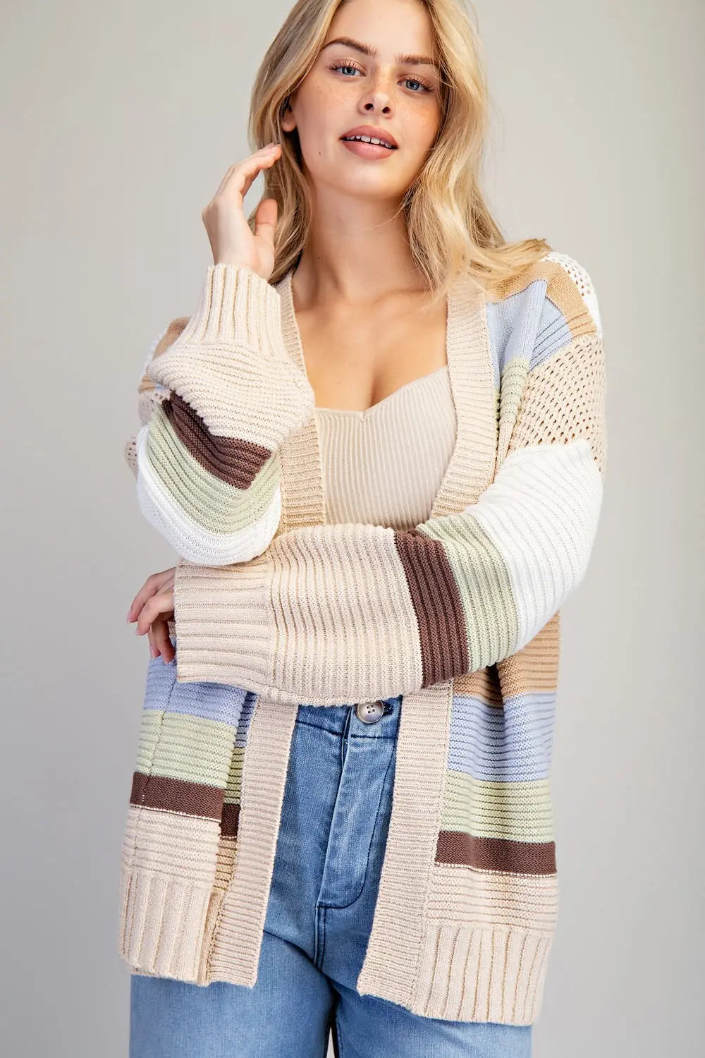 Textured Multicolor Open Front Cardigan Sage Breeze