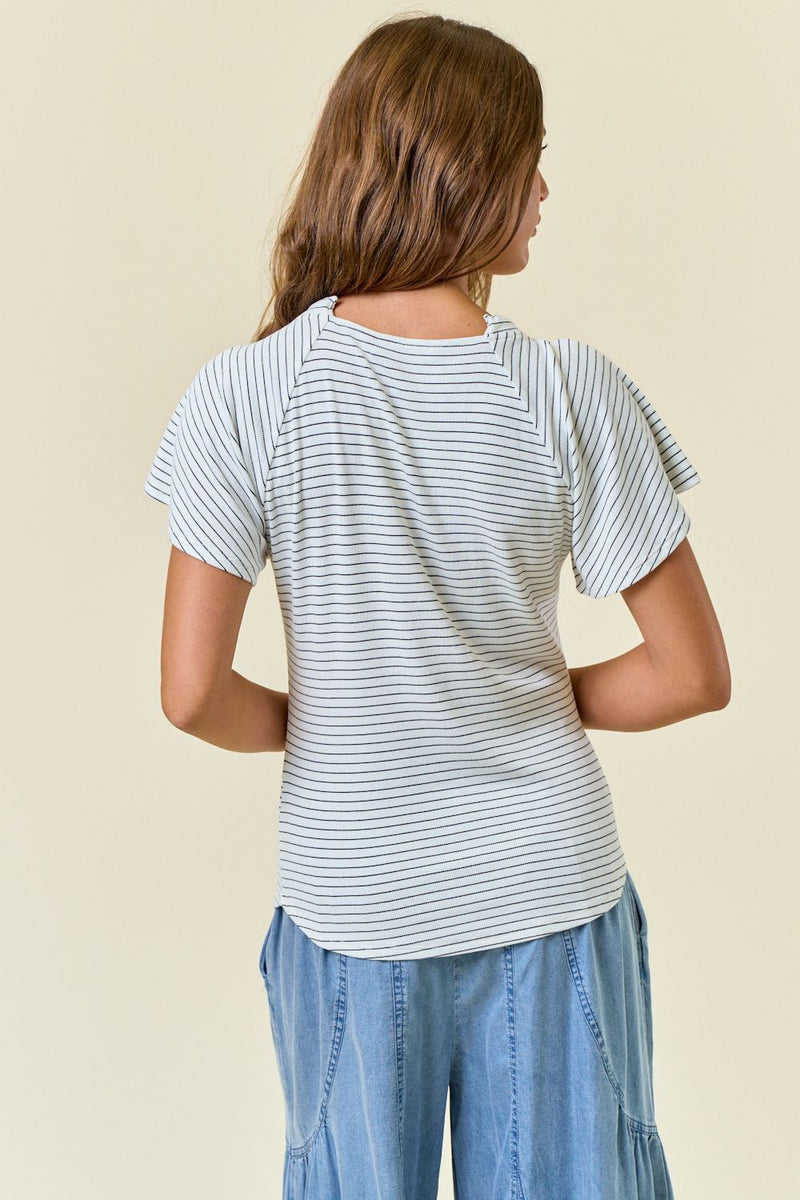 Striped Rib Contrast Tie Neck Flutter Short Sleeve Top Off White