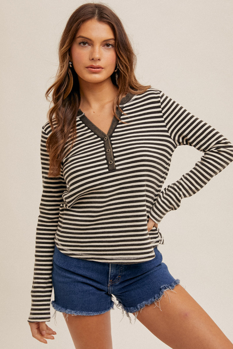 Snow Wash Stripe Henley Top Black