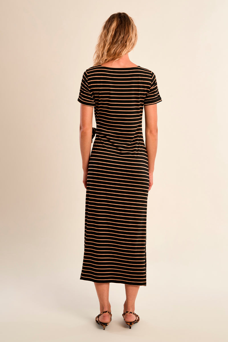 Stripe Side Tie Midi Dress Beige + Black