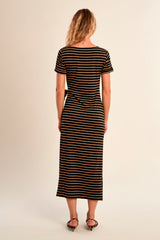 Stripe Side Tie Midi Dress Beige + Black