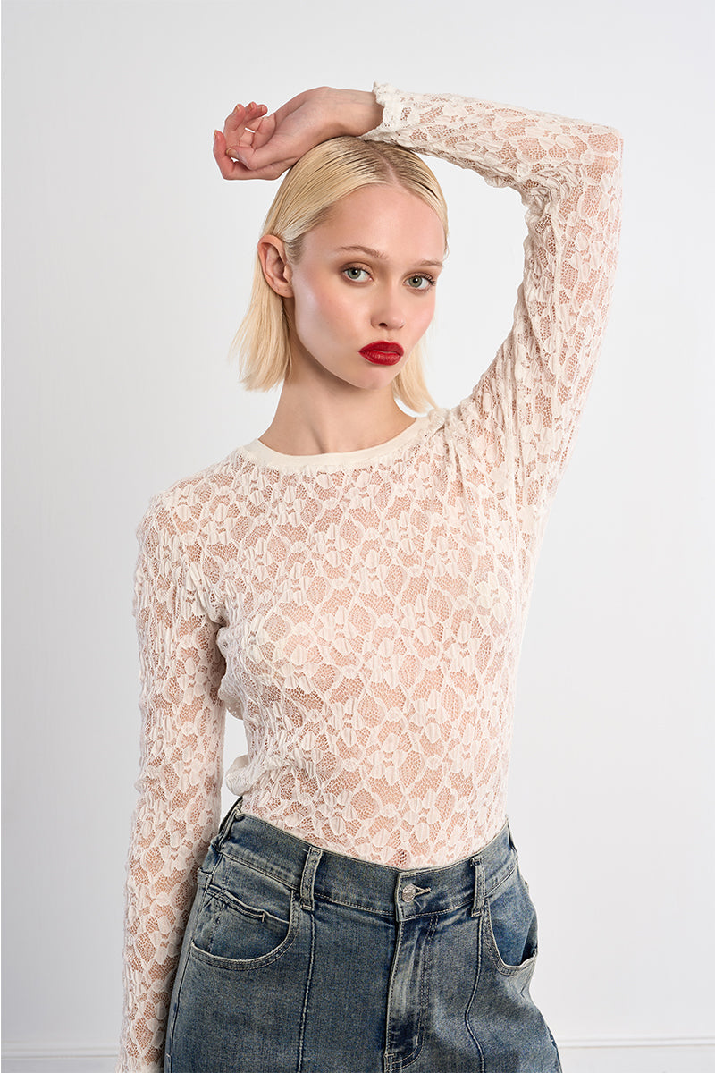 Floral Lace Long Sleeve Layering Top White