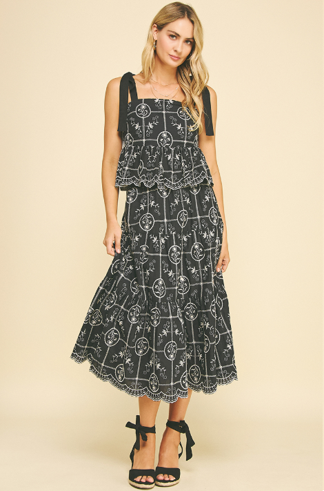 Tiered Embroidered Maxi Skirt Black