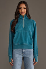 Cropped Funnel Neck 1/4 Zip Sweatshirt Teal