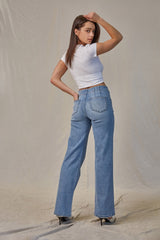 High Rise Wide Leg Angled Pocket Jeans Light Wash