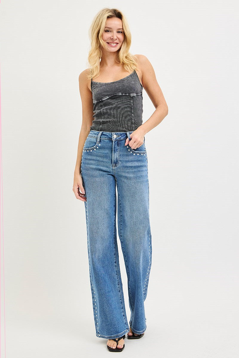 High Rise Wide Leg Studded Jeans Medium
