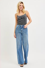 High Rise Wide Leg Studded Jeans Medium