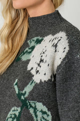 Oversize Floral Print Funnel Neck Sweater Charcoal