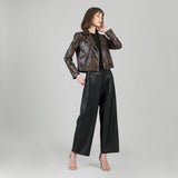 Distressed Zip Cuff Moto Waist Jacket Brown