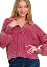Washed Collared Henley Collared Sweater Cabernet