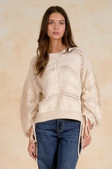 Open Knit Tie Sleeve Sweater Off White