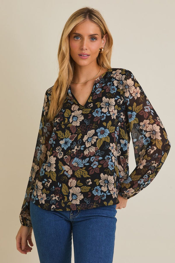 Notch Neck Long Sleeve Floral Blouse Black Multi