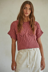 Cali Crochet Short Sleeve Sweater Top Dark Mauve
