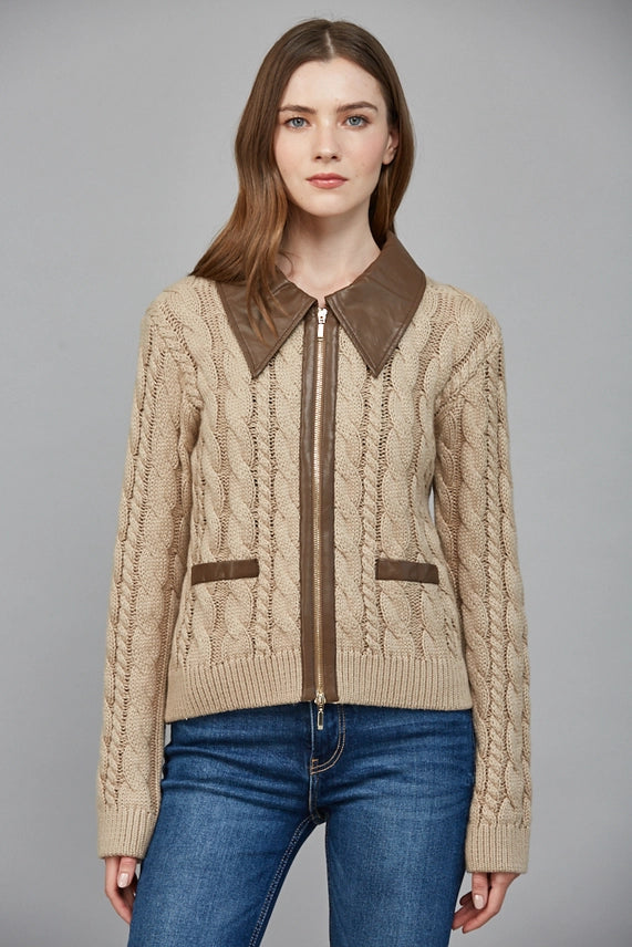 Faux Leather Trim Knit Front Zip Sweater Jacket Taupe