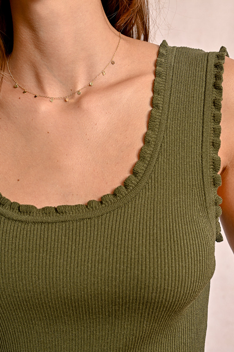 Scallop Edge Knit Tank Khaki