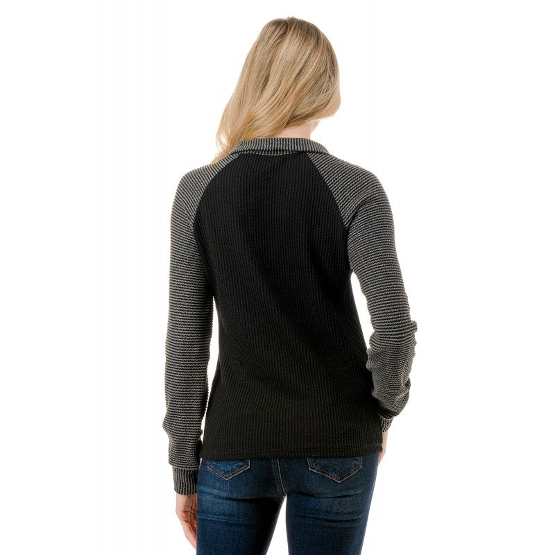 1/4 Zip Mock Neck Thermal Top Black + Charcoal