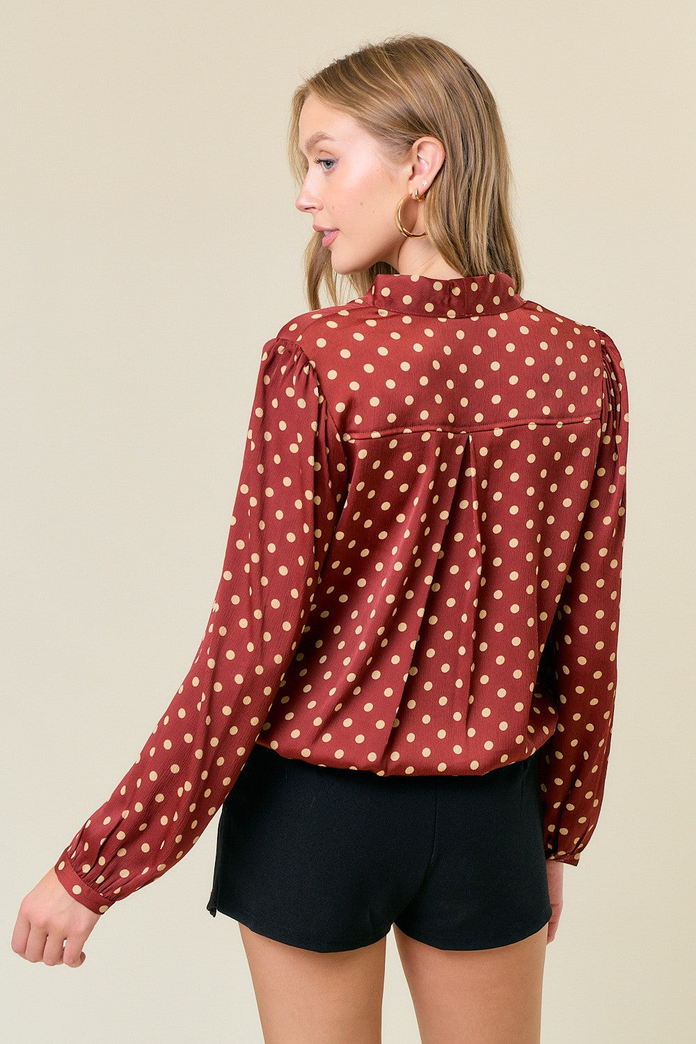 Polka Dot Silky Crossover Blouse Cognac