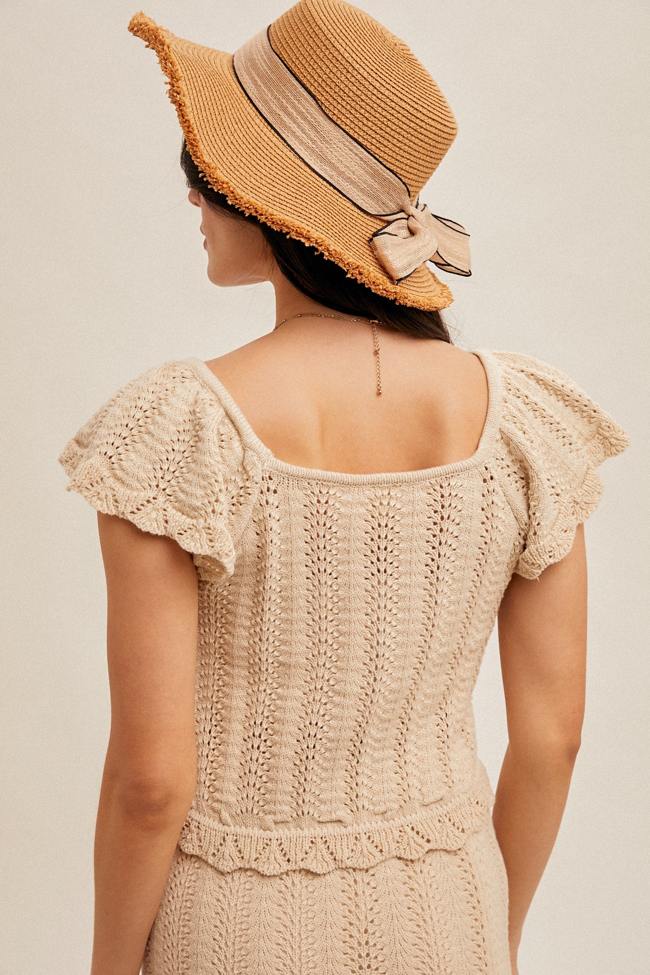 Open Crochet Knit Flutter Sleeve Sweater Top Natural