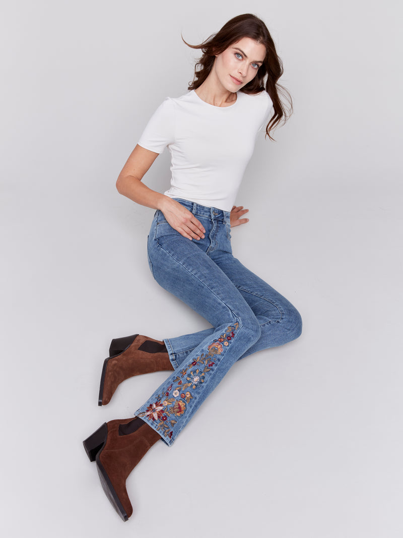 Floral Embroidered Panel Flare Jeans Medium Blue