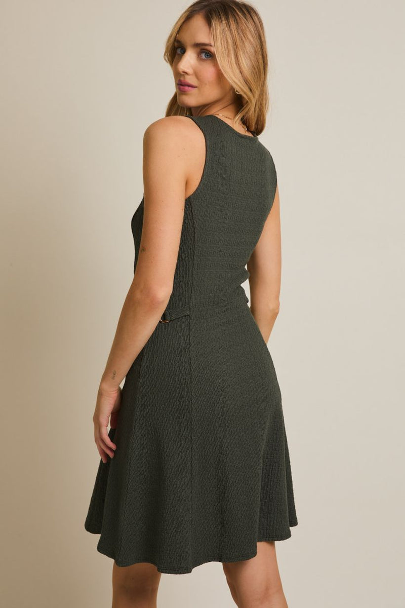 Round Neck Sleeveless Buckle Detail Mini Dress Dark Olive