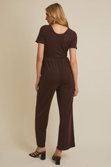Surplice Short Sleeve Wide Leg Jumpsuit Brown