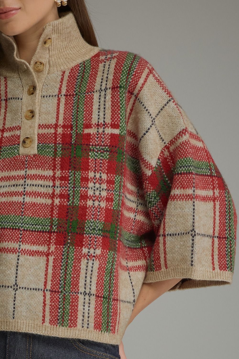 Plaid 3/4 Sleeve Stand Collar Sweater Taupe
