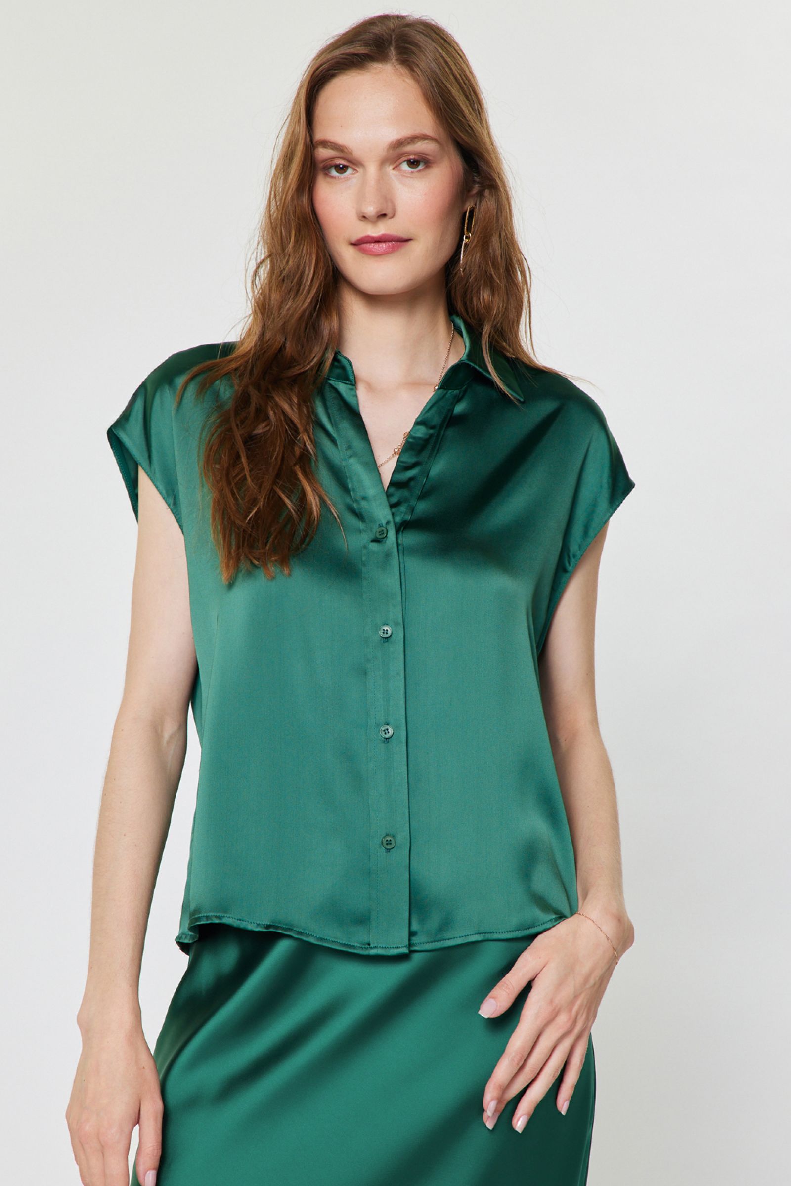 Satin Cap Sleeve Button Down Blouse Cypress