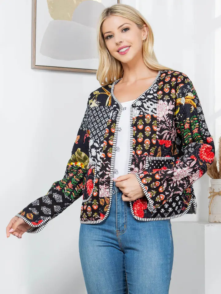 Cora Floral Quilted Patchwork Reversible Jacket Black Combo