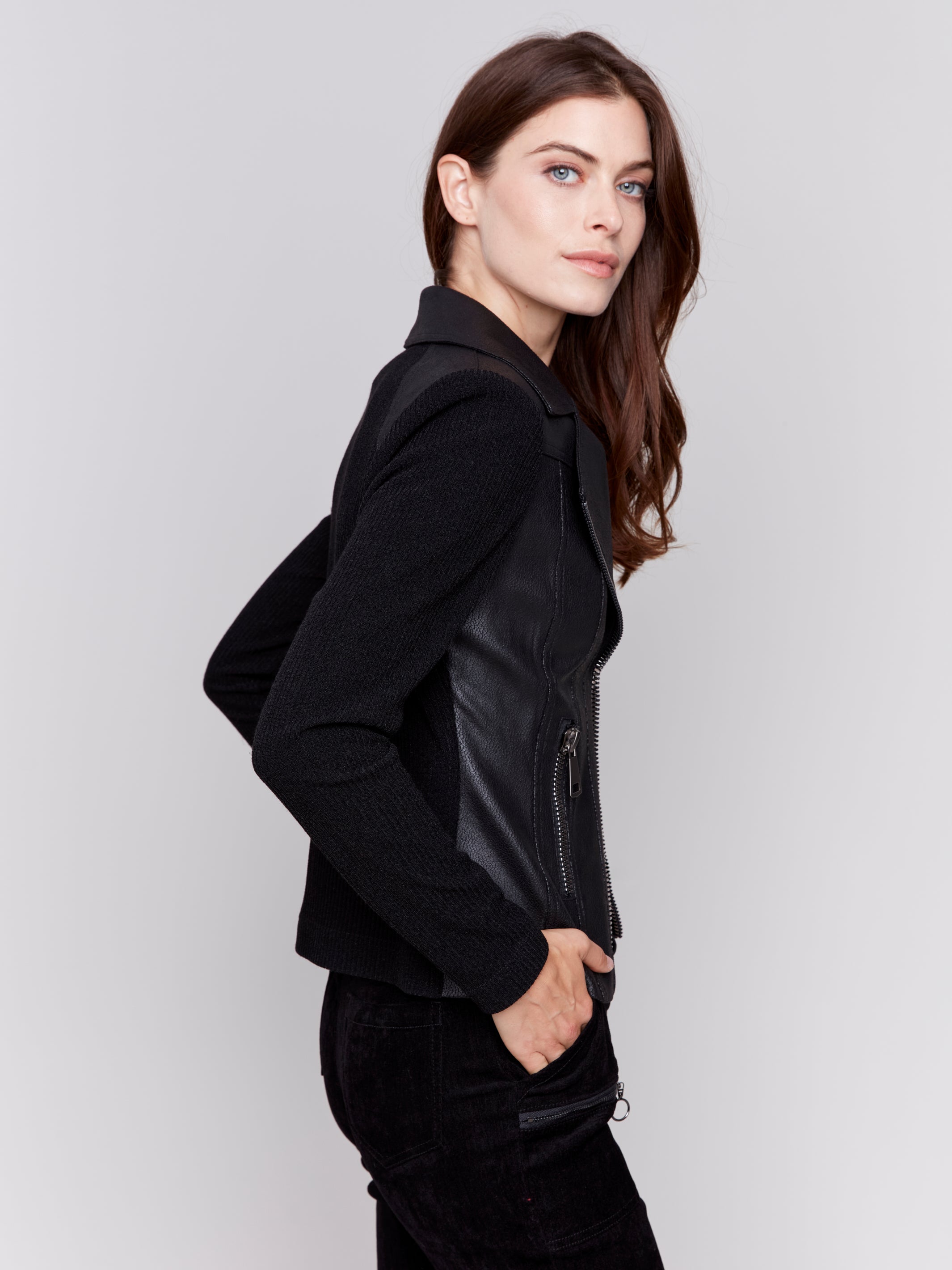 Vintage Leather Rib Knit Combo Perfecto Jacket Black