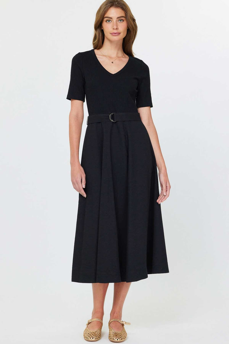 Knitted Vneck Belted Midi Dress Black