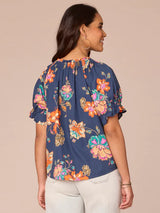 Floral Smock Neck Keyhole Printed Woven Top Navy Multi