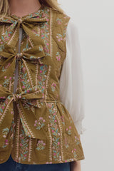 Floral Triple Bow Quilted Peplum Vest Brown