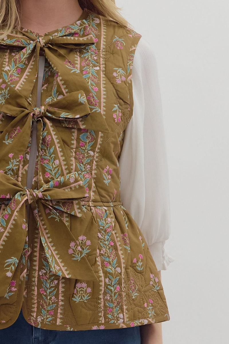 Floral Triple Bow Quilted Peplum Vest Brown